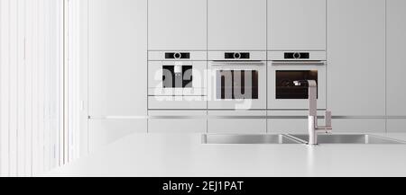 Interni moderni ed eleganti in stile bianco per la cucina, rendering 3D, illustrazione 3D Foto Stock