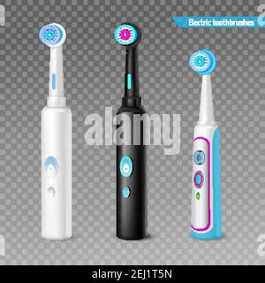 Colorati e moderni spazzolini elettrici di diverse dimensioni isolati immagine vettoriale realistica con sfondo trasparente Illustrazione Vettoriale
