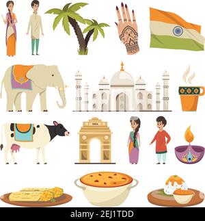 India icone isolate ortogonali insieme con piatti della cucina nazionale simboli etnici punti di riferimento storici illustrazione vettoriale piatta Illustrazione Vettoriale