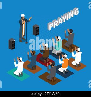 Pregare in islam composizione isometrica con leader religioso e musulmani su tappetini su sfondo blu, illustrazione vettoriale Illustrazione Vettoriale