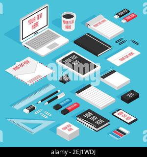 Moderni materiali da scrittura fissi con matite per notebook modelli isometrici di inviluppo imposta illustrazione vettoriale Illustrazione Vettoriale