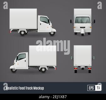 Food Trucks modello pubblicitario realistico impostato con viste isolate di un furgone a tre ruote veicolo commerciale illustrazione vettoriale Illustrazione Vettoriale