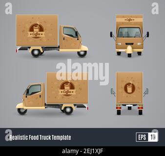 Food Trucks modello pubblicitario realistico illustrazione vettoriale con quattro viste isolate dell'illustrazione vettoriale dell'auto a tre ruote Illustrazione Vettoriale