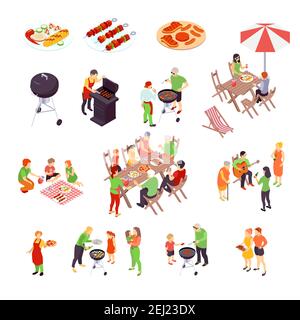 Famiglia barbecue pic-nic icone isometriche insieme con pizza barbecue carbone griglia e spiedini di manzo kebab illustrazione vettoriale isolata Illustrazione Vettoriale