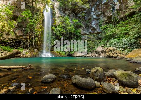 Cascata nascosta circondata da alberi verdi, vegetazione, rocce, foglie galleggianti su acque verdi e limpide, Rincon de la Vieja, Guanacaste, Costa Rica Foto Stock