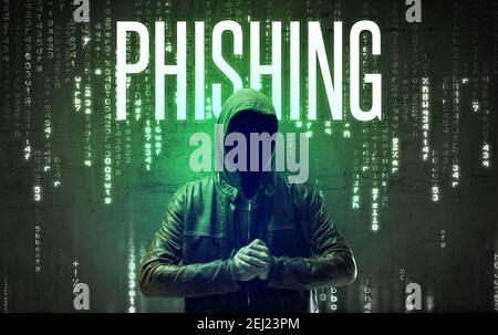 Hacker senza volto con iscrizione DI PHISHING, concetto di hacking Foto Stock