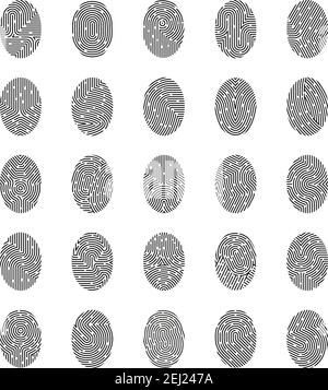 Set di icone con impronte digitali in bianco nero univoche di varie linee curve e macchie immagine vettoriale isolata Illustrazione Vettoriale