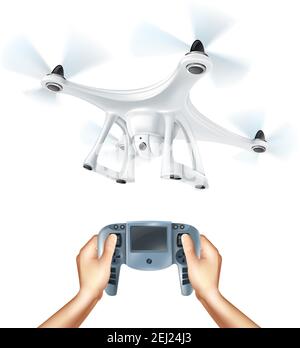Drone realistico senza equipaggio con fotocamera digitale e telecomando per tenere le mani dispositivo di controllo su sfondo bianco immagine vettoriale isolata Illustrazione Vettoriale
