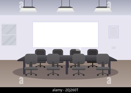 Interno ufficio con scrivania e sedie disegno piatto illustrazione vettoriale Illustrazione Vettoriale