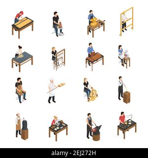 Set isometrico artigianale con soffiatore di vetro per fornaio falegname sarto tessitore potter calzolaio falegname fabbro scultore ceramico artista figurine isolato Illustrazione Vettoriale