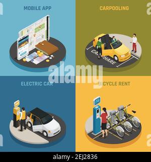 Concetto di design 2x2 con app mobile per auto elettrica visualizzazione vettoriale isometrica delle icone quadrate di affitto e carpooling Illustrazione Vettoriale