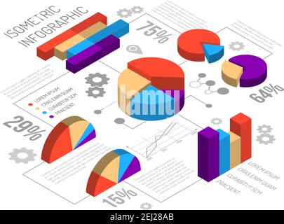 Modello di progettazione di infografiche isometriche con testo modificabile dei grafici circolari ingombranti illustrazione vettoriale dei valori percentuali e dei pittogrammi degli ingranaggi grigi Illustrazione Vettoriale