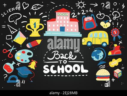 Cartoon colorato scuola di lavagna composizione con bambini gesso disegni doodles e frasi illustrazione vettoriale Illustrazione Vettoriale