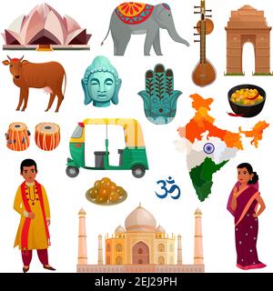 Vari simboli luoghi e costumi nazionali del set di viaggio india isolato su sfondo bianco cartoon illustrazione vettoriale Illustrazione Vettoriale