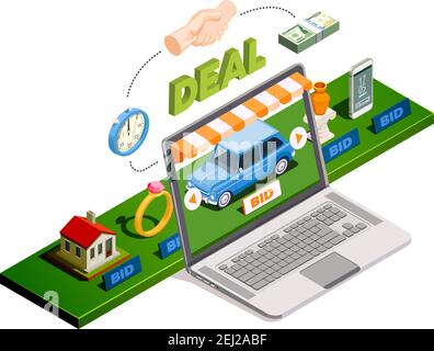 Composizione isometrica all'asta con schermo per computer portatile e immagini di articoli messi in su per l'illustrazione del vettore dell'asta in linea Illustrazione Vettoriale