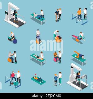 Fisioterapia isolata riabilitazione isometrica persone icona set con pazienti a. illustrazione del vettore di nomina del medico Illustrazione Vettoriale