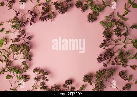 fiori piccoli come cornice su sfondo rosa, un luogo per un'iscrizione Foto Stock