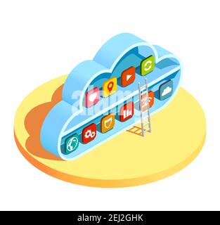 Le risorse dei servizi di cloud computing accedono all'infrastruttura composizione isometrica con Ladder immagine vettoriale dei simboli dell'applicazione Illustrazione Vettoriale