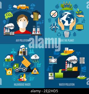 Problemi ambientali icone di concetto impostate con l'inquinamento dell'acqua e dell'aria simboli immagine vettoriale isolata piatta Illustrazione Vettoriale
