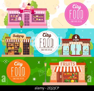 Banner orizzontali City food con vetrine di frutta da forno e. i dolci memorizzano icone piatte illustrazione vettoriale Illustrazione Vettoriale