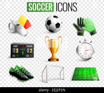 Set di icone calcio con arbitri oggetti, goal, trofeo, palla, stivali isolati su sfondo trasparente illustrazione vettoriale Illustrazione Vettoriale