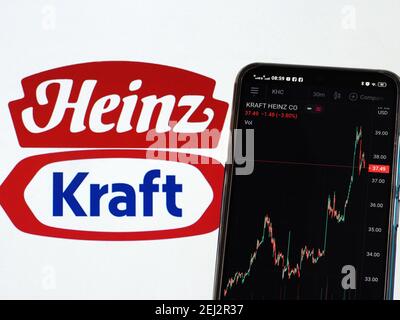 In questa illustrazione la grafica del mercato azionario di Kraft Heinz Company visualizzata su uno smartphone con un logo di Kraft Heinz Company sullo sfondo. Foto Stock