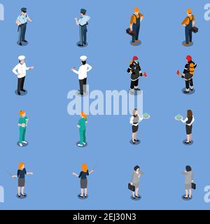 Professioni uniforme isometrica persone insieme di caratteri umani isolati in varie uniformi che rappresentano diverse occupazioni illustrazione vettoriale Illustrazione Vettoriale