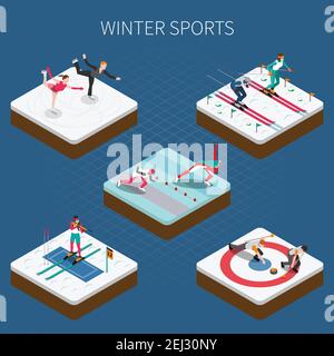 Sport invernale composizione di persone isometriche con atleti olimpici in abbigliamento sportivo fare diversi tipi di illustrazione vettoriale dello sport Illustrazione Vettoriale