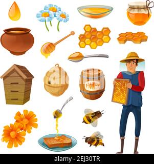 Miele in vari contenitori cartoon set compreso apicoltore con nidi d'ape, api, alveari, goccioline, fiori isolato illustrazione vettoriale Illustrazione Vettoriale