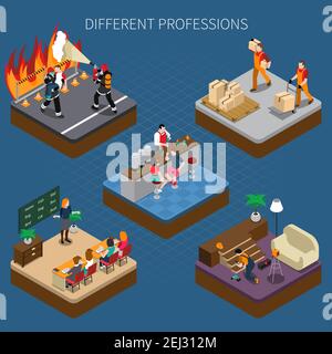 Professioni composizione isometrica uniforme delle persone con punti di vista delle situazioni professionali di persone diverse con illustrazione vettoriale delle didascalie di testo Illustrazione Vettoriale