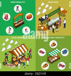 Mercato locale agricolo composizione isometrica 2x2 con composizioni di umano caratteri prodotti e stalle immagini con illustrazione vettoriale di testo Illustrazione Vettoriale