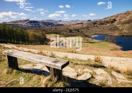 Sedile vuoto in legno accanto al sentiero Loughrigg Terrace sopra l'acqua Rydal nel Parco Nazionale del Distretto dei Laghi. Rydal, Cumbria, Inghilterra, Regno Unito, Gran Bretagna Foto Stock