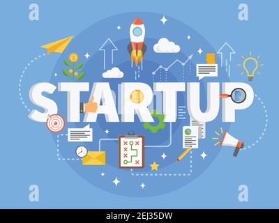 Composizione di sviluppo di startup con idea di business, ricerca, investimento, promozione, accordo, operazione riuscita sull'illustrazione vettoriale su sfondo blu Illustrazione Vettoriale