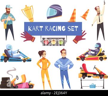 Colorato set di piloti karting e attrezzature isolate su bianco illustrazione vettoriale cartoon di sfondo Illustrazione Vettoriale