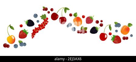 Banner frutti di bosco estivi. Fragole, more, mirtilli, ciliegie, lamponi, ribes rosso, albicocca con foglie. Set di frutta. Cartoo vettoriale Illustrazione Vettoriale