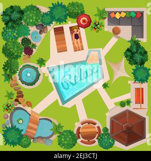 Progettazione paesaggistica di plottaggio vista dall'alto con piscina, gazebo, altalena, mobili da giardino e decorazioni illustrazione vettoriale Illustrazione Vettoriale