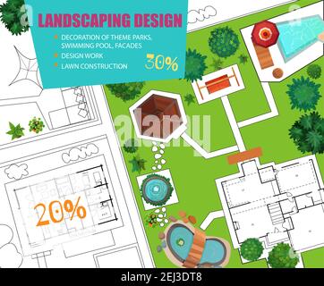 Progetto di paesaggio design poster vista dall'alto con blueprint, schema di casa, piscina, prato decorazioni illustrazione vettoriale Illustrazione Vettoriale