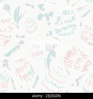 Sfondo con motivi senza cuciture per pasqua. Uova e fiori doodling Illustrazione Vettoriale