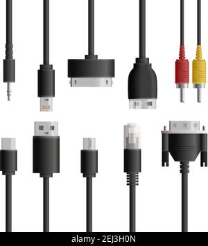 Set di tipi di connettori per cavi realistici con immagini isolate di vari connettori per cavi su sfondo vuoto, illustrazione vettoriale Illustrazione Vettoriale