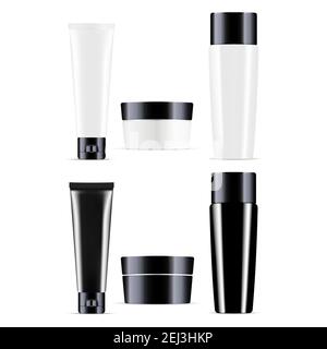 Bottiglia cosmetica, contenitore, confezione di vasetto crema, set 3D vuoto. Confezione lucida di lusso isolata su sfondo bianco. Balsamo per capelli confezione templa Illustrazione Vettoriale
