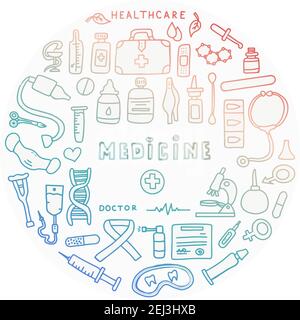 Poster con doodle medico con farmaci, provette e un termometro. Grande set di farmacia. Modello per una pubblicità, modelli o consulta medica remota Illustrazione Vettoriale