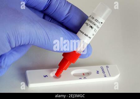 Covid-19 Testkassette zeigt einen durch eine Speichelprobe vorgenommenen negativen Covid-19 Antigen-Schnelltest der chinesischen Firma Joinstar Biomedical. Prüfung auf eine mögliche Infektion mit dem Corona-Virus. La cassetta di test Covid-19 mostra un test rapido dell'antigene Covid-19 negativo della società cinese Joinstar Biomedical utilizzando un campione di spit. Verificare la presenza di una possibile infezione con il virus corona. Foto Stock