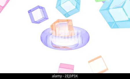 I cubi in vetro a colori cadono sulle riprese in slow motion toro a 1000 fps rendering 3d con copertina minimalistica Foto Stock