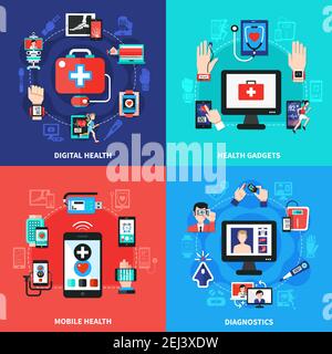 Dispositivi indossabili per la salute digitale per il controllo della frequenza cardiaca della pressione sanguigna 4 icone piatte concetto quadrato illustrazione vettoriale isolata Illustrazione Vettoriale