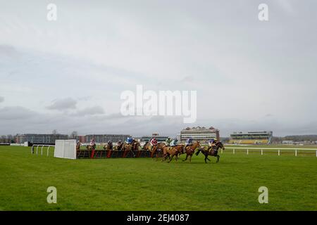 Una visione generale mentre i runner sgomentano un volo di ostacoli nel diritto posteriore durante l'ostacolo Weighed-in Podcast Weekly Handicap all'ippodromo di Newbury. Data immagine: Domenica 21 febbraio 2021. Foto Stock