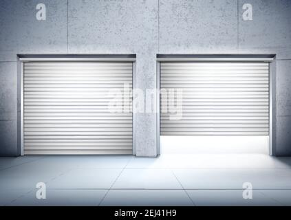 Garage con due ingressi in grigio composizione realistica con apertura della figura vettoriale dello sportello Illustrazione Vettoriale