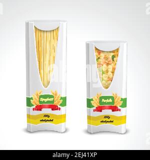 Set di confezione in cartone realistico con corone di pioli con spaghetti di pasta e farfalle isolato vettore illustrazione Illustrazione Vettoriale
