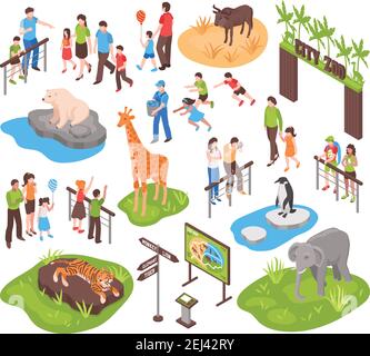Lo zoo cittadino è dotato di un set isometrico con i bambini e i loro genitori che guardano animali e fotografandoli isolati illustrazione vettoriale Illustrazione Vettoriale