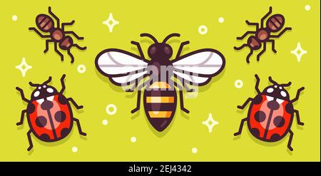 Illustrazione di insetti del cartone animato su un banner luminoso. Ape, formiche e coccinelle. Semplice set di clip art vettoriali. Illustrazione Vettoriale