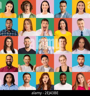 Collage di persone diverse che esprimono emozioni diverse Foto Stock